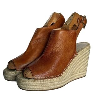 Kenneth Cole Espadrille Wedge Sandals Women 9.5 Tan Leather Platform Ankle Strap